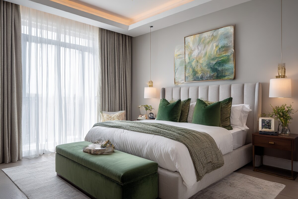 Luxury Master Bedroom Suite featuring Integrated Dressing Mirror & Floating Vanity #17